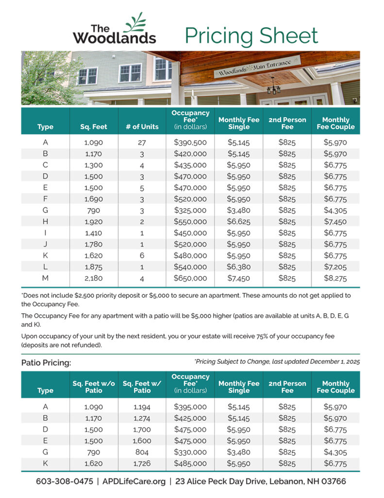Pricing Sheet - The Woodlands